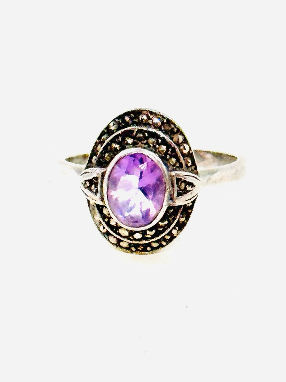 Vintage Sterling Silver Natural Oval Amethyst & Marcasite Ring Size 8.5